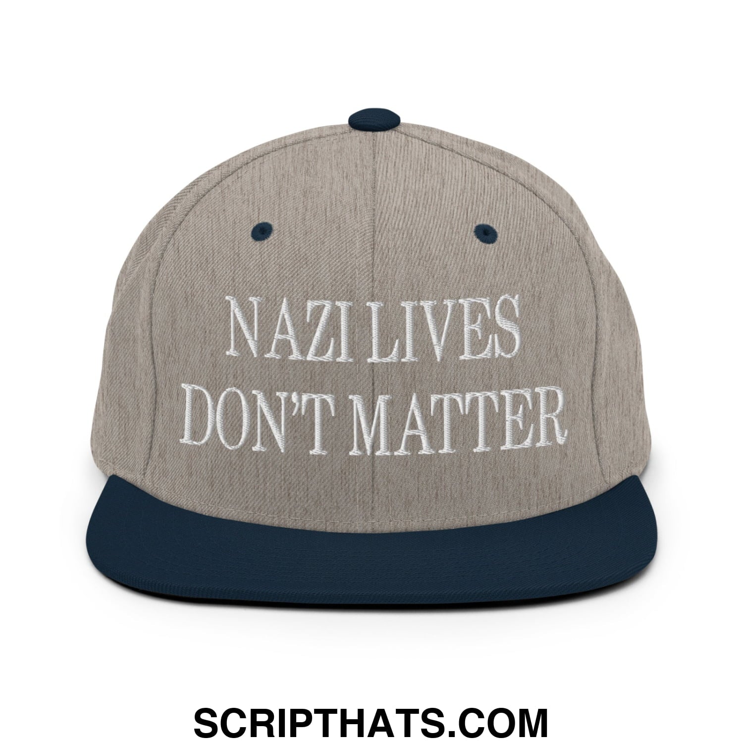 Beige and navy blue snapback hat with flat bill brim and white embroidered nazi lives don t matter text