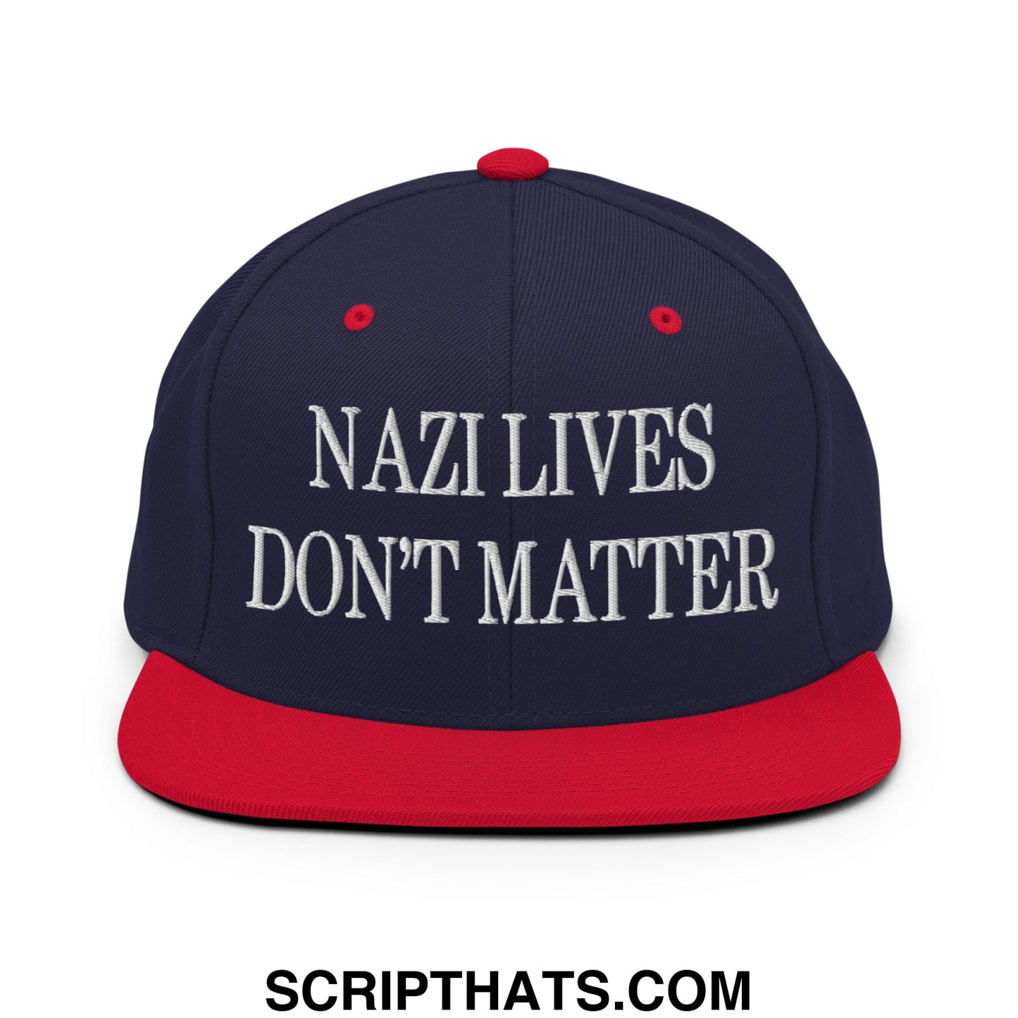 Navy blue snapback cap with red brim and button featuring white embroidered text nazi lives don’t matter