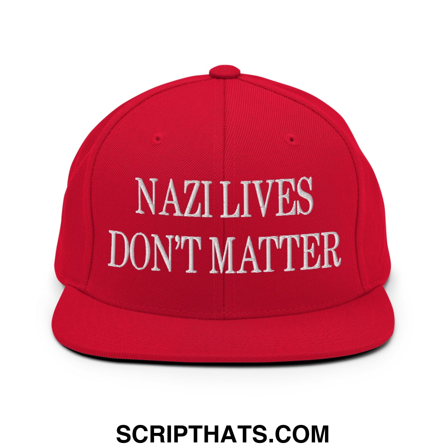 Red flat bill snapback cap with white embroidered nazi lives don t matter text on the front