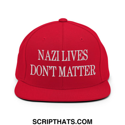 Red flat bill snapback cap with white embroidered nazi lives don t matter text on the front