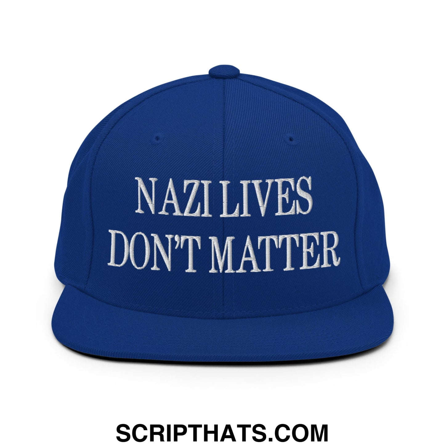 Royal blue snapback cap with white embroidered nazi lives don’t matter text and flat bill brim design