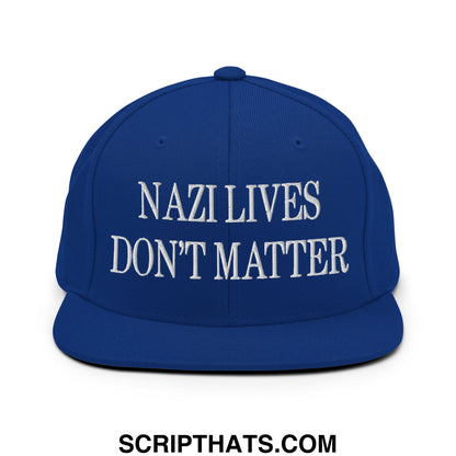 Royal blue snapback cap with white embroidered nazi lives don’t matter text and flat bill brim design