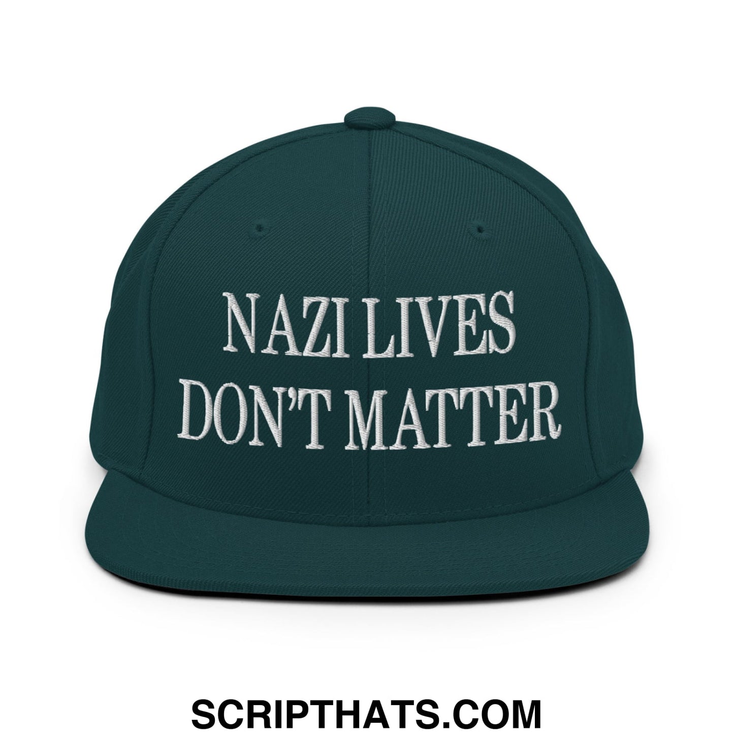 Dark green snapback hat with white embroidered nazi lives don’t matter text and flat bill brim design