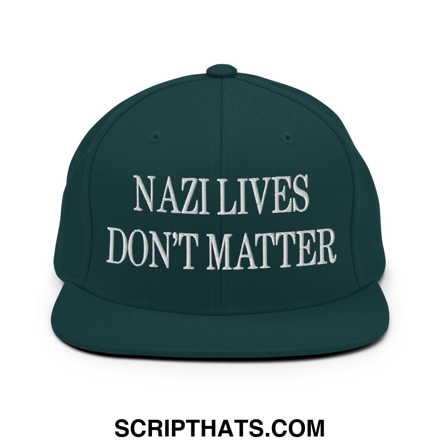 Dark green snapback hat with white embroidered nazi lives don’t matter text and flat bill brim design
