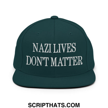 Dark green snapback hat with white embroidered nazi lives don’t matter text and flat bill brim design