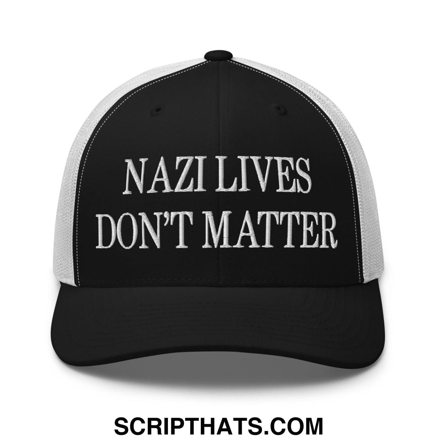 Black and white mesh trucker hat with embroidered nazi lives don’t matter text in bold capital letters