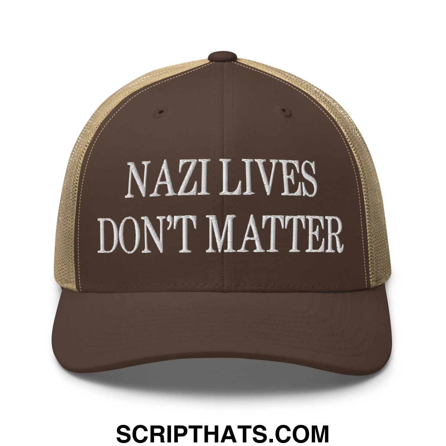 Brown and tan mesh trucker hat with white embroidered nazi lives don’t matter text on front panel