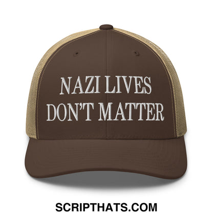 Brown and tan mesh trucker hat with white embroidered nazi lives don’t matter text on front panel
