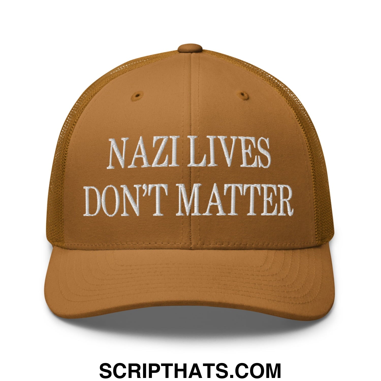 A tan mesh trucker hat with white embroidered nazi lives dont matter text across the front panel