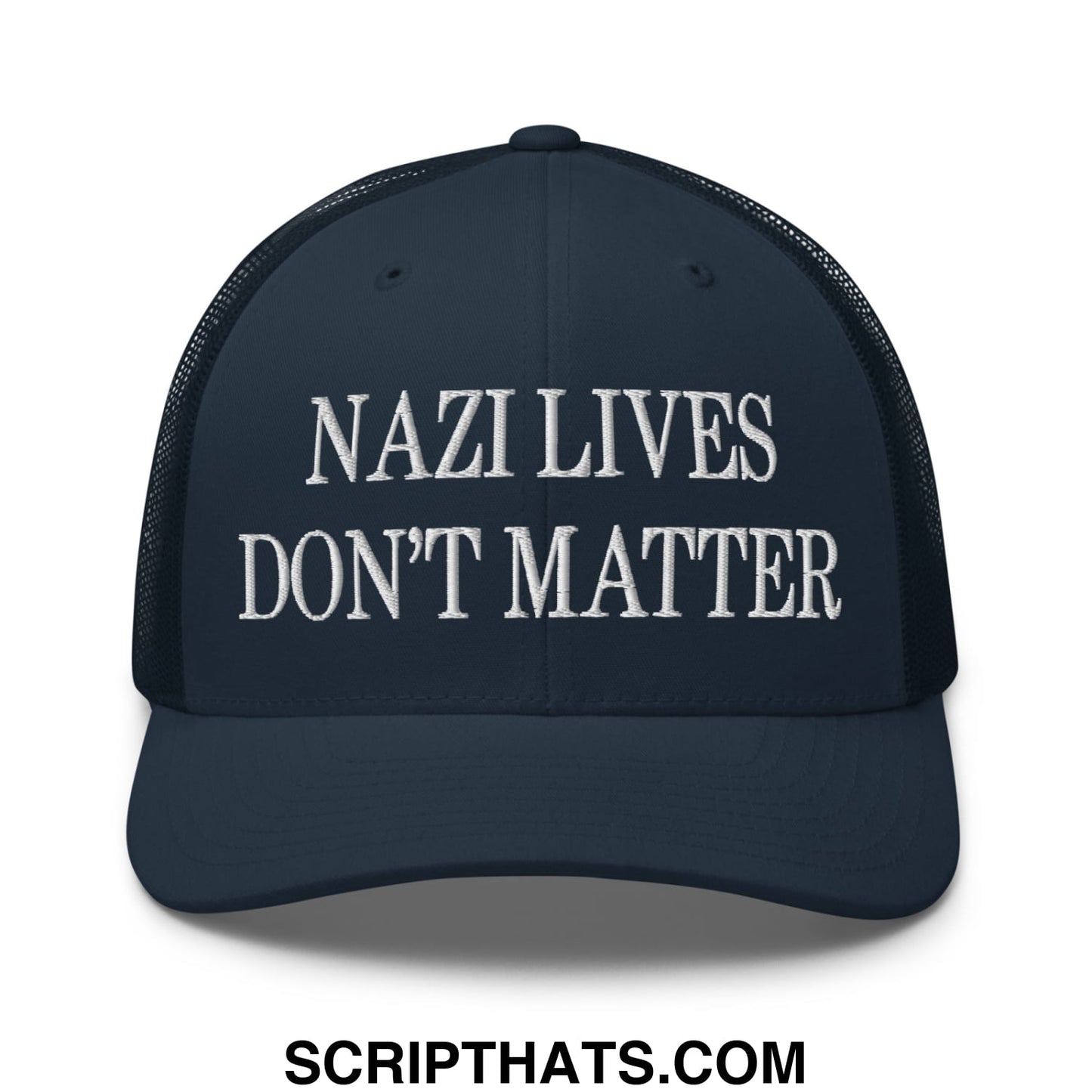 Dark navy mesh trucker hat with white embroidered nazi lives don’t matter text on the front panel
