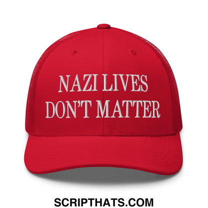 Red mesh trucker hat with white embroidered nazi lives dont matter text on front panel