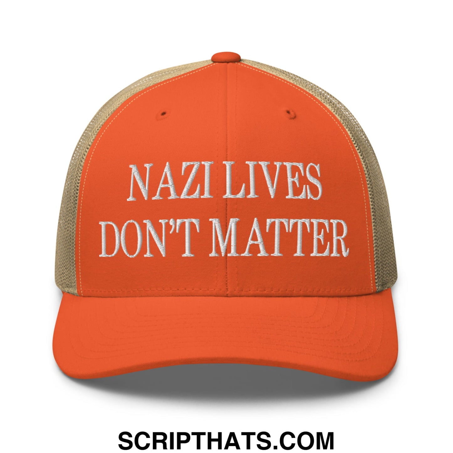 Orange and beige mesh trucker hat with white embroidered text nazi lives don’t matter on front panel