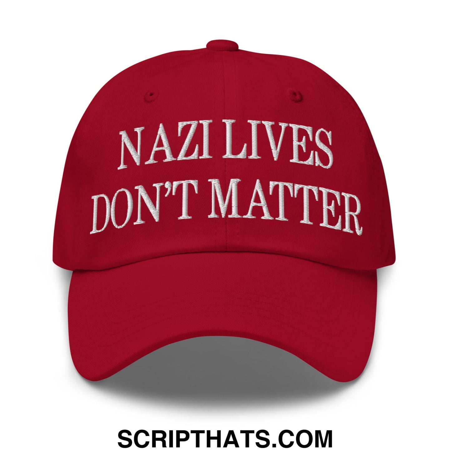 Red embroidered unstructured dad hat with white nazi lives don t matter text on front for casual wear