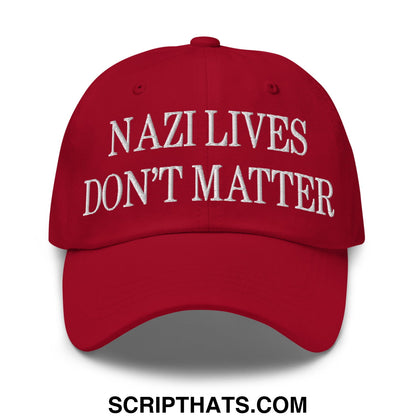 Red embroidered unstructured dad hat with white nazi lives don t matter text on front for casual wear