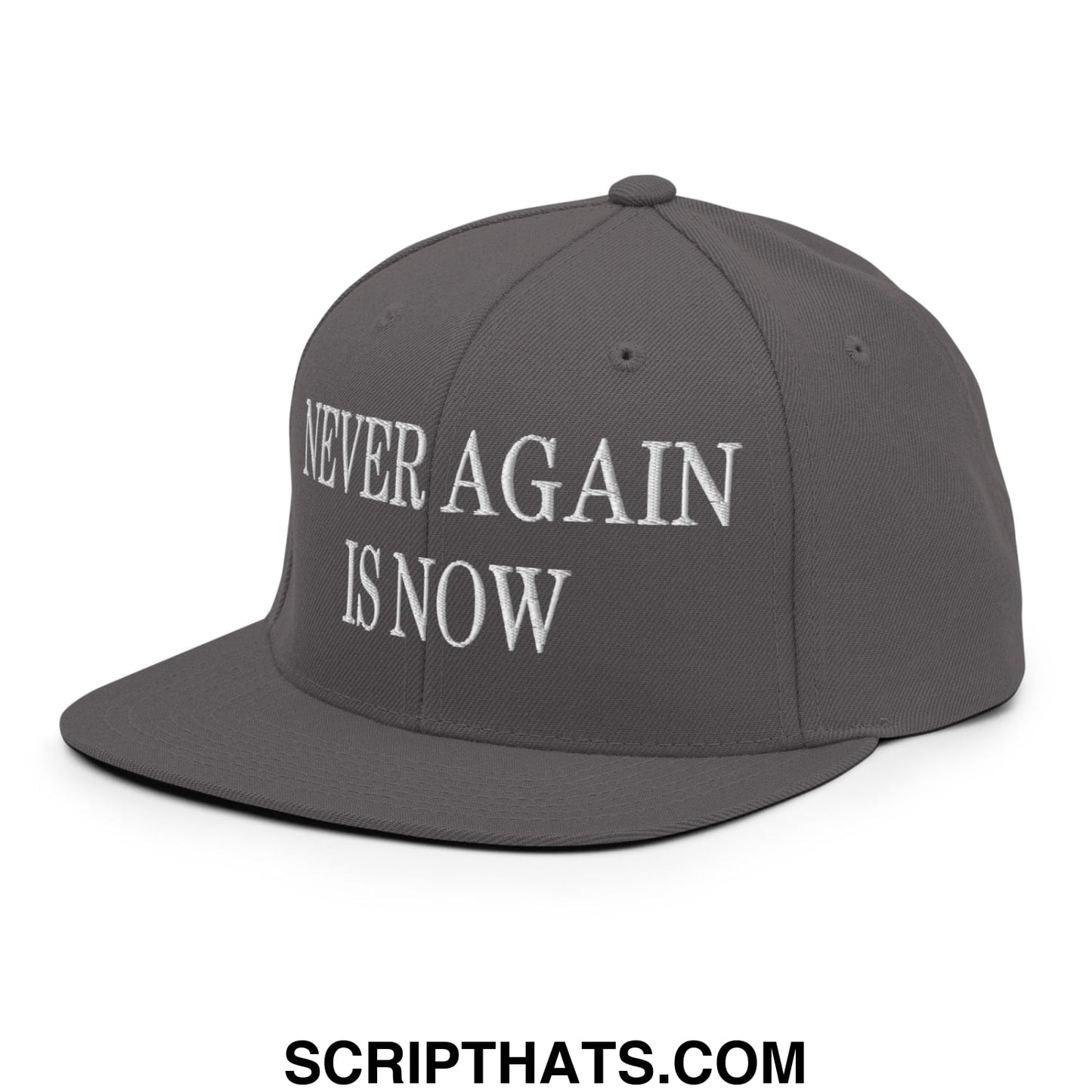 Dark gray snapback hat with white embroidered never again is now text and flat bill brim design