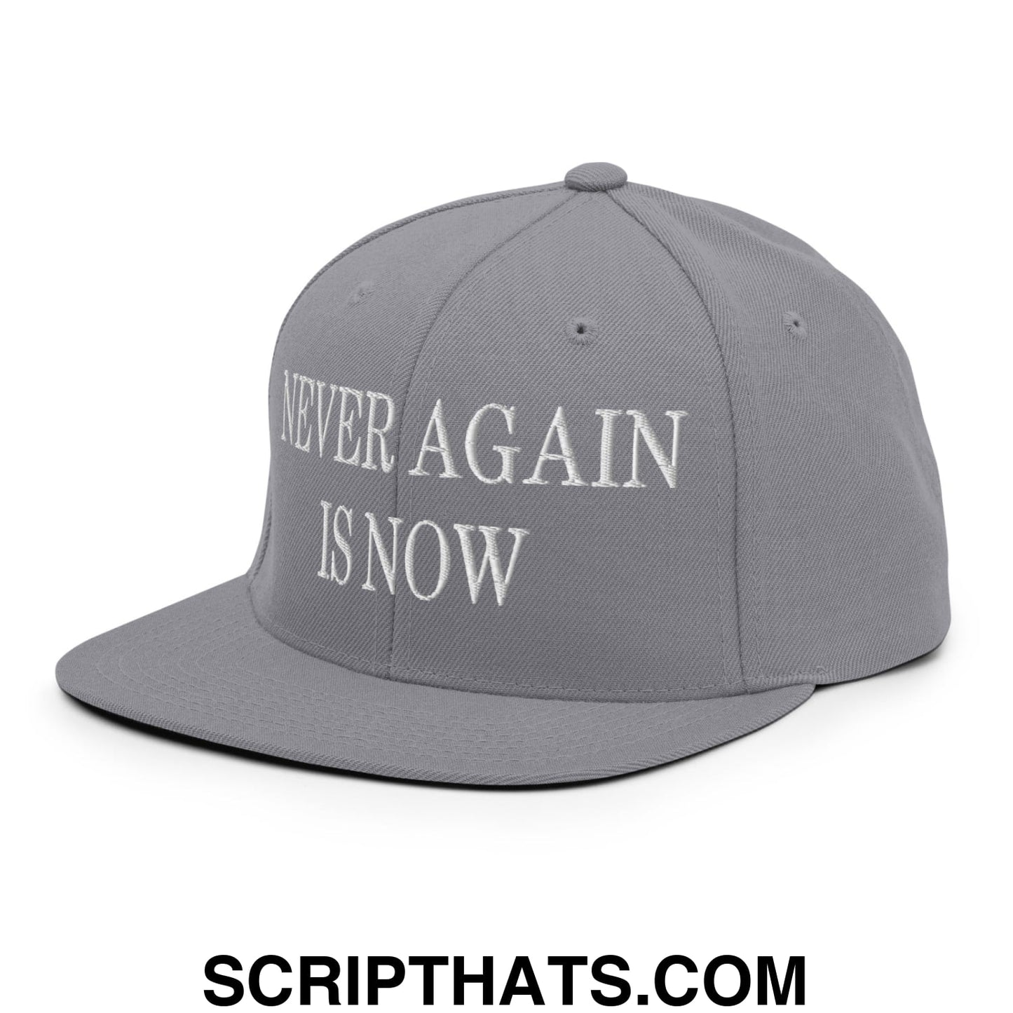 Never Again is Now Embroidered Flat Bill Brim Snapback Hat Silver