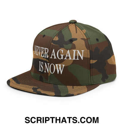 Never Again is Now Embroidered Flat Bill Brim Snapback Hat Green Camo