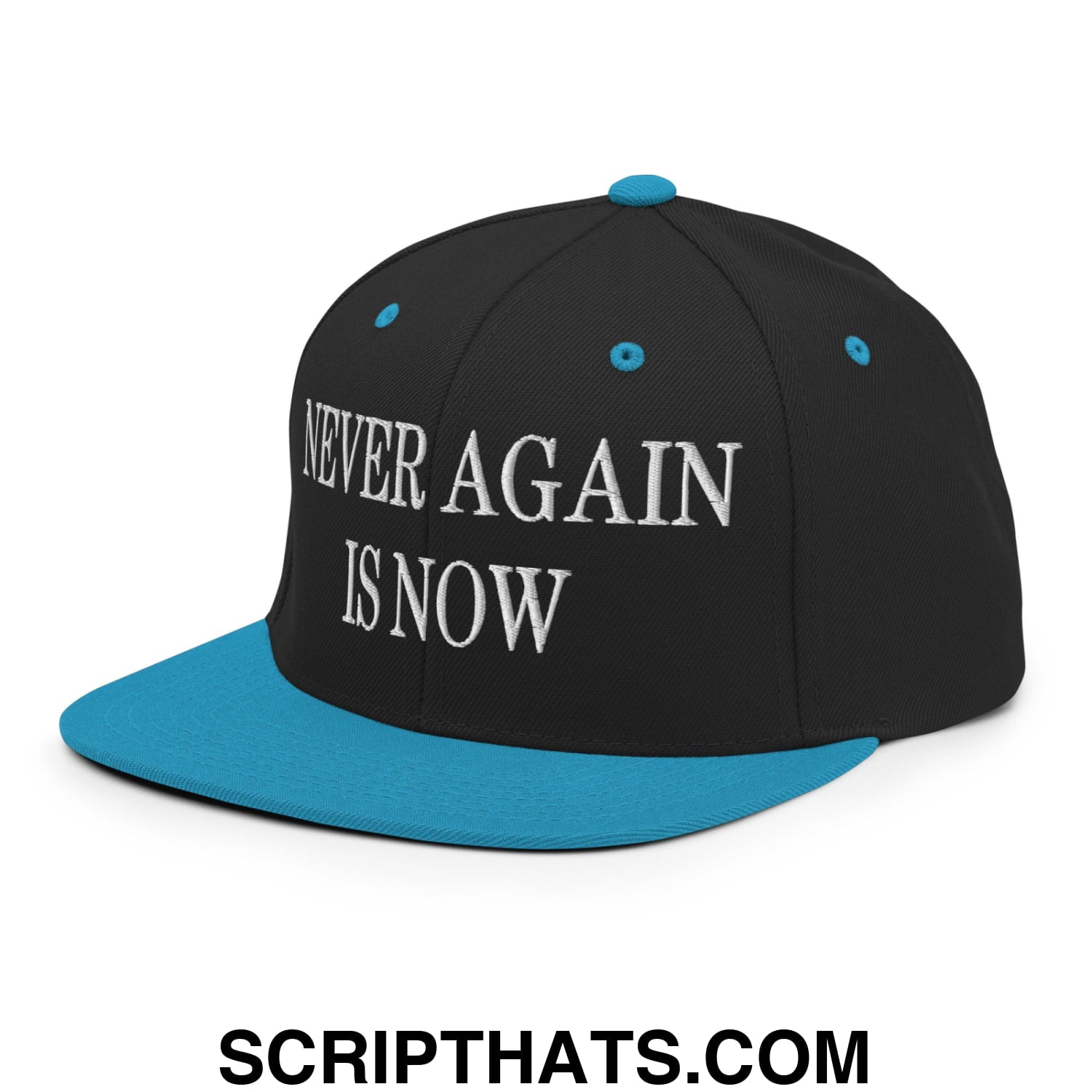 Never Again is Now Embroidered Flat Bill Brim Snapback Hat Black Teal