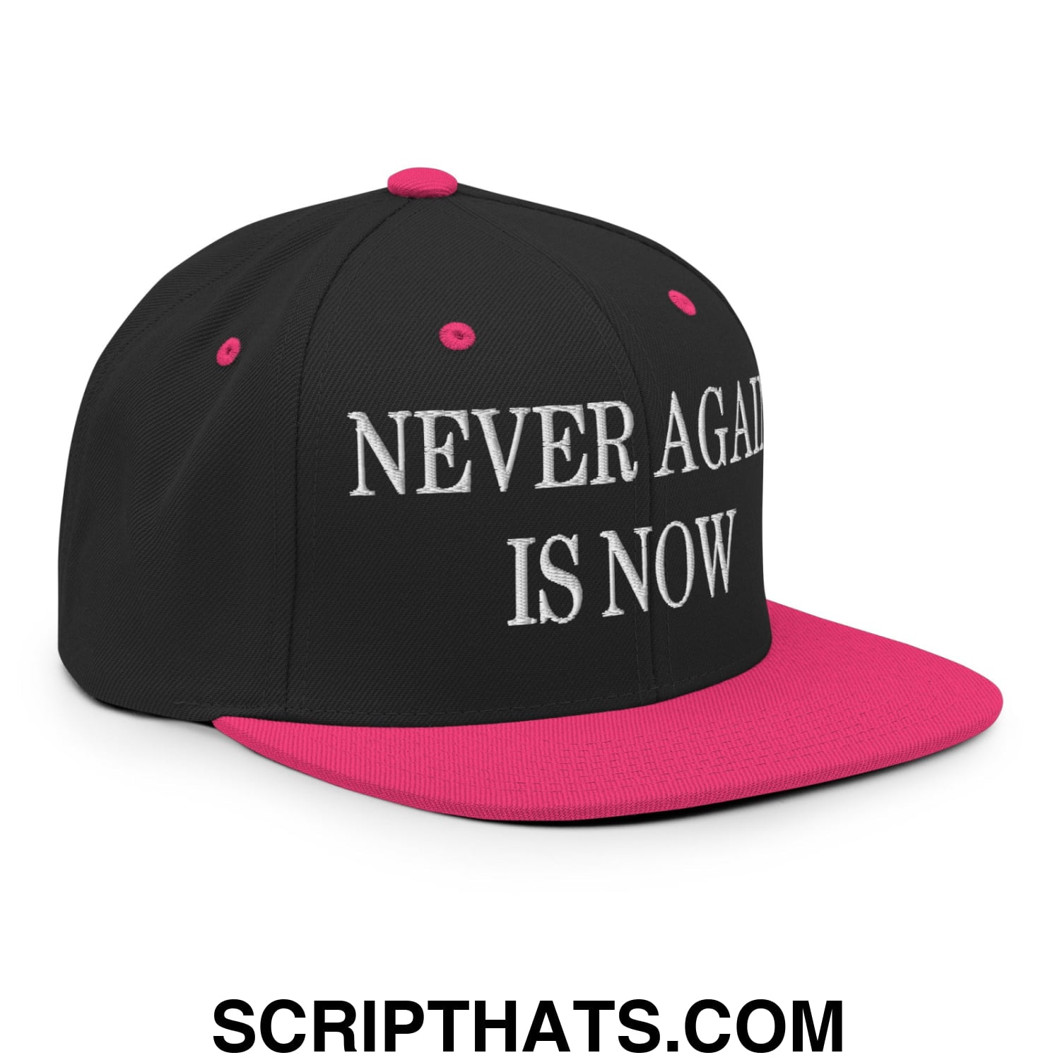 Never Again is Now Embroidered Flat Bill Brim Snapback Hat Black Neon Pink