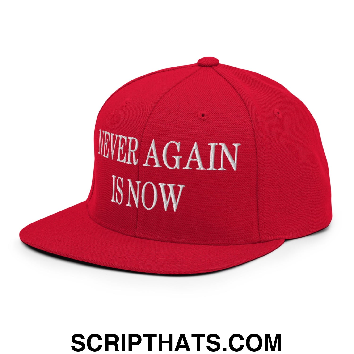 Never Again is Now Embroidered Flat Bill Brim Snapback Hat Red