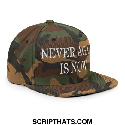 Camouflage snapback cap with white embroidered never again is now text and flat bill brim design