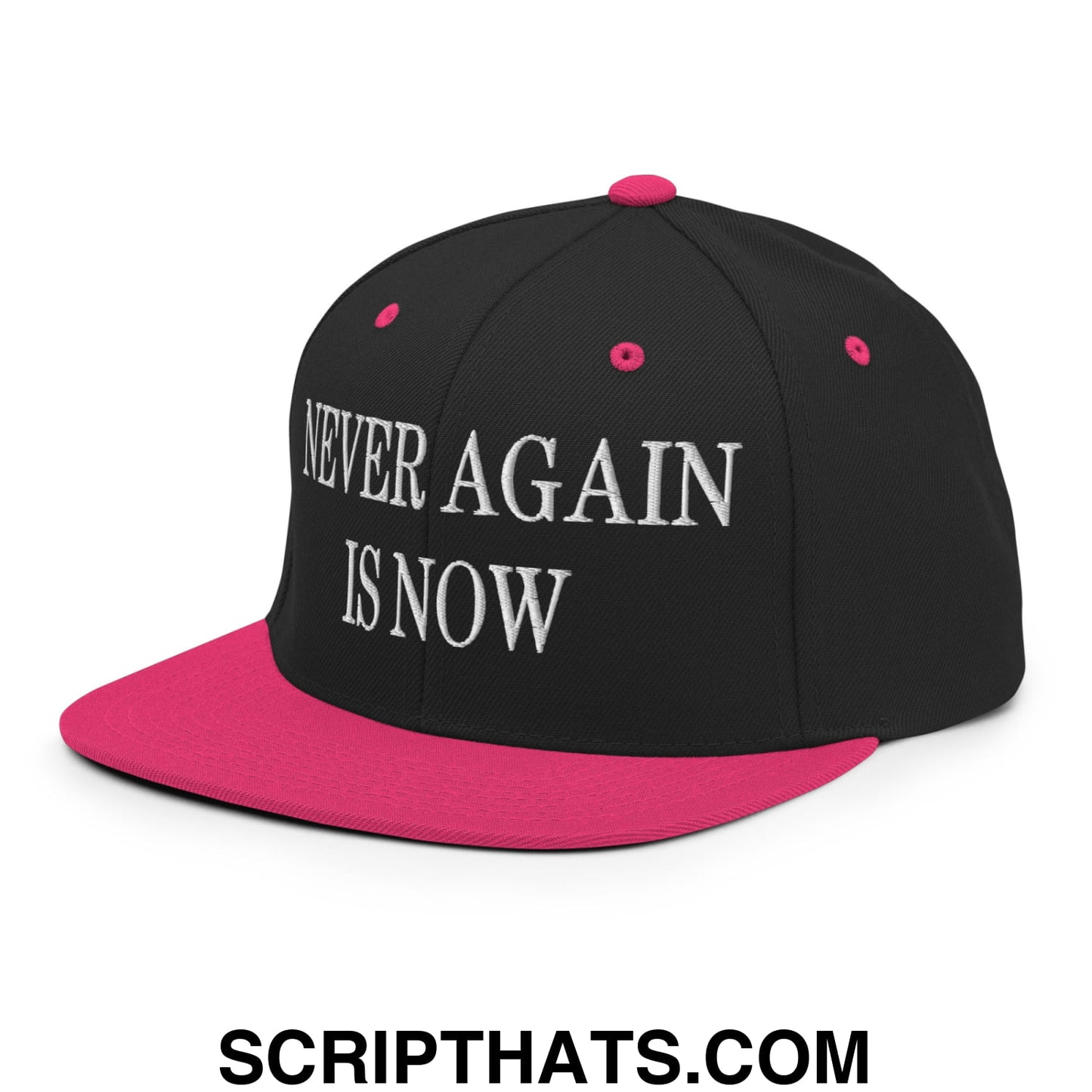 Never Again is Now Embroidered Flat Bill Brim Snapback Hat Black Neon Pink