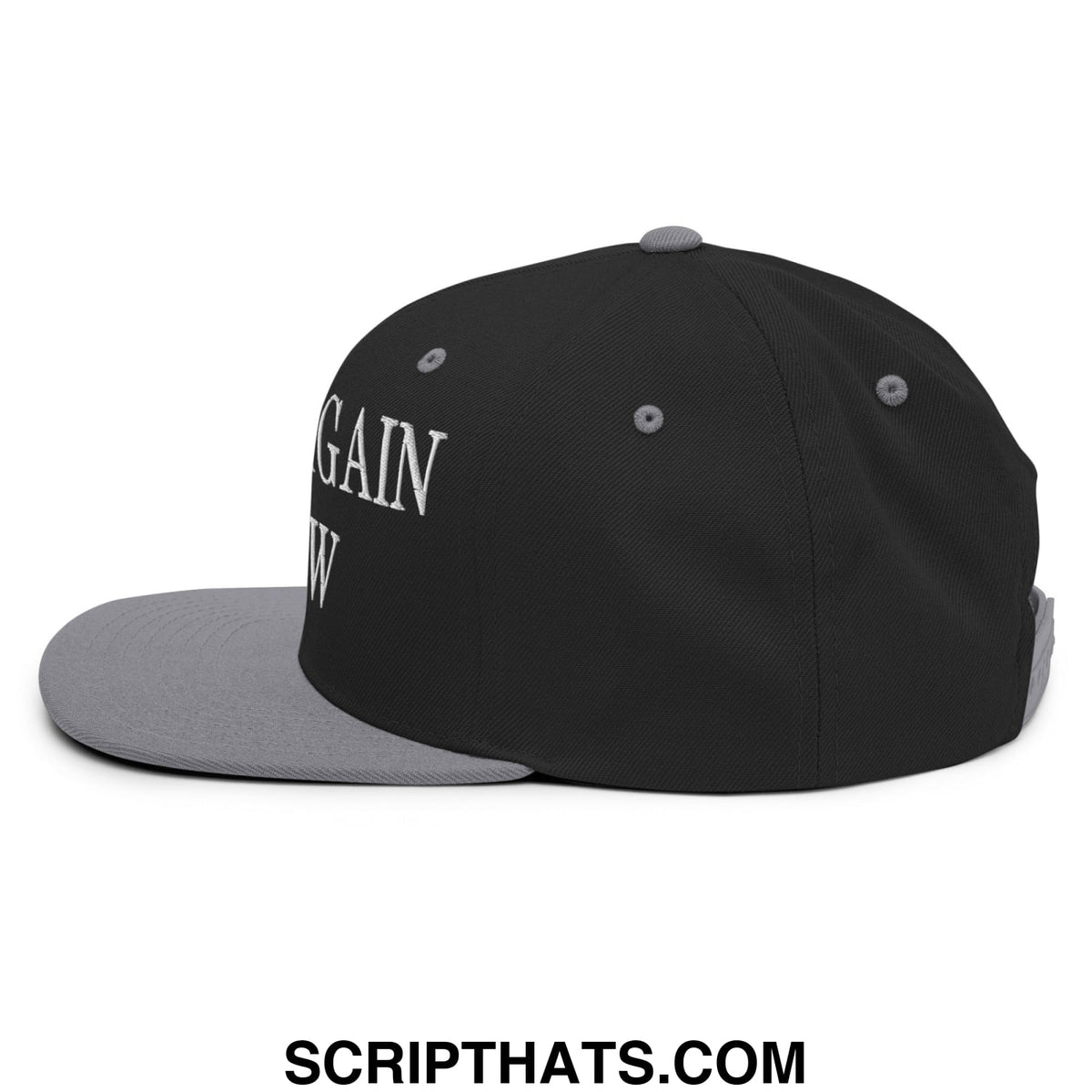Black and gray snapback hat with white embroidered never again is now text and a flat bill brim design