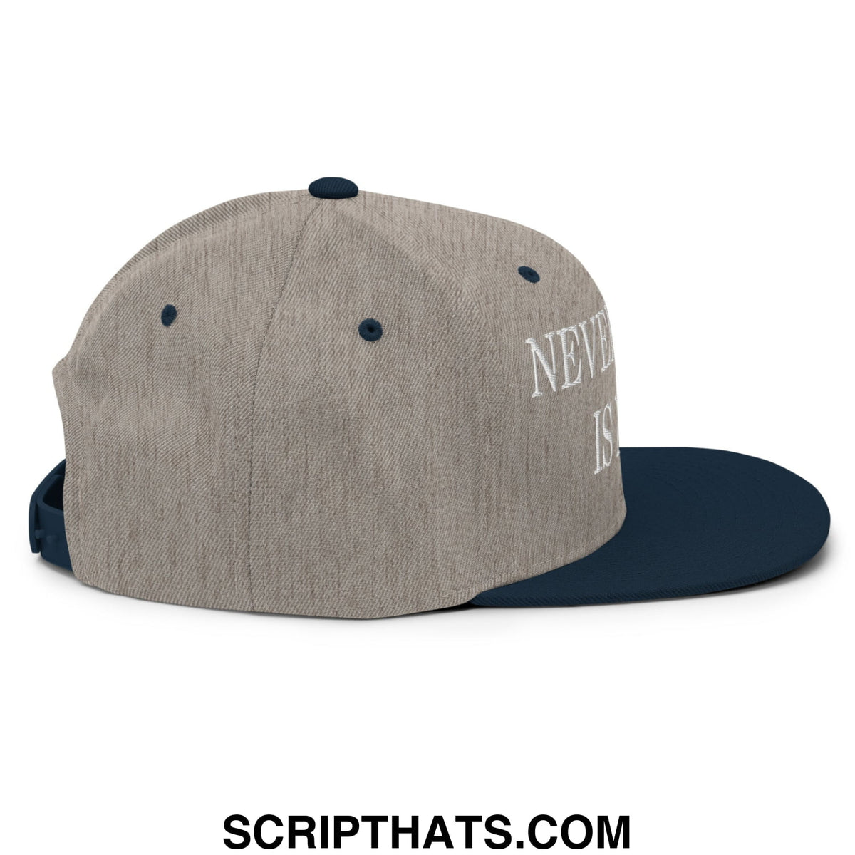 Gray and navy blue snapback hat with flat bill brim and white embroidered never again is now text on the side