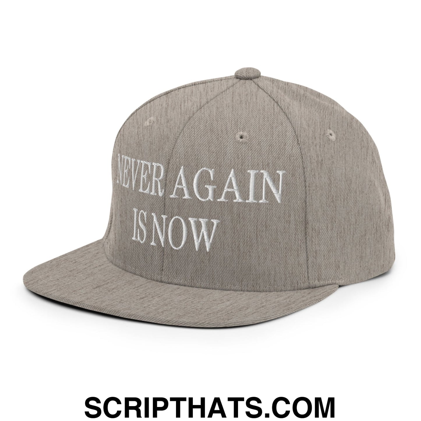 Never Again is Now Embroidered Flat Bill Brim Snapback Hat Heather Grey