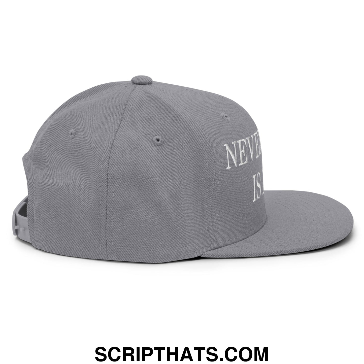 Gray snapback hat with white embroidered never is text on the side, featuring a flat bill brim design