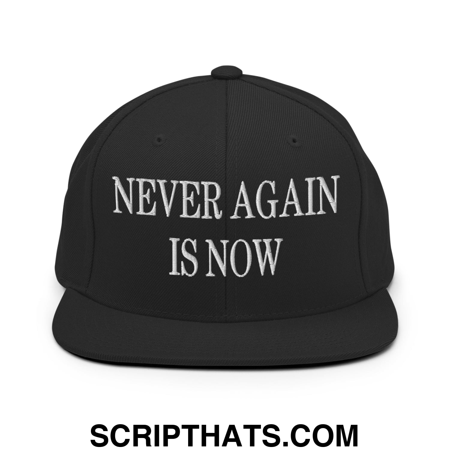Never Again is Now Embroidered Flat Bill Brim Snapback Hat Black