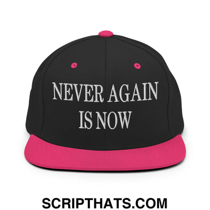 Never Again is Now Embroidered Flat Bill Brim Snapback Hat Black Neon Pink