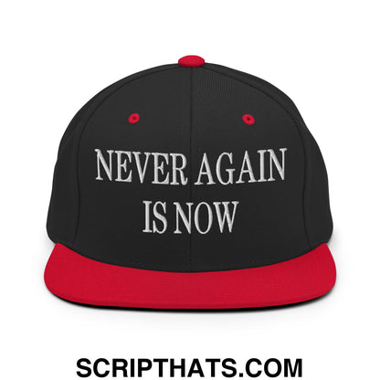 Never Again is Now Embroidered Flat Bill Brim Snapback Hat Black Red