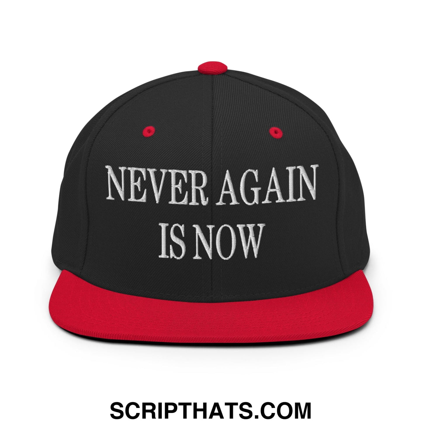 Black snapback cap with red brim and button featuring white embroidered never again is now text on flat bill design