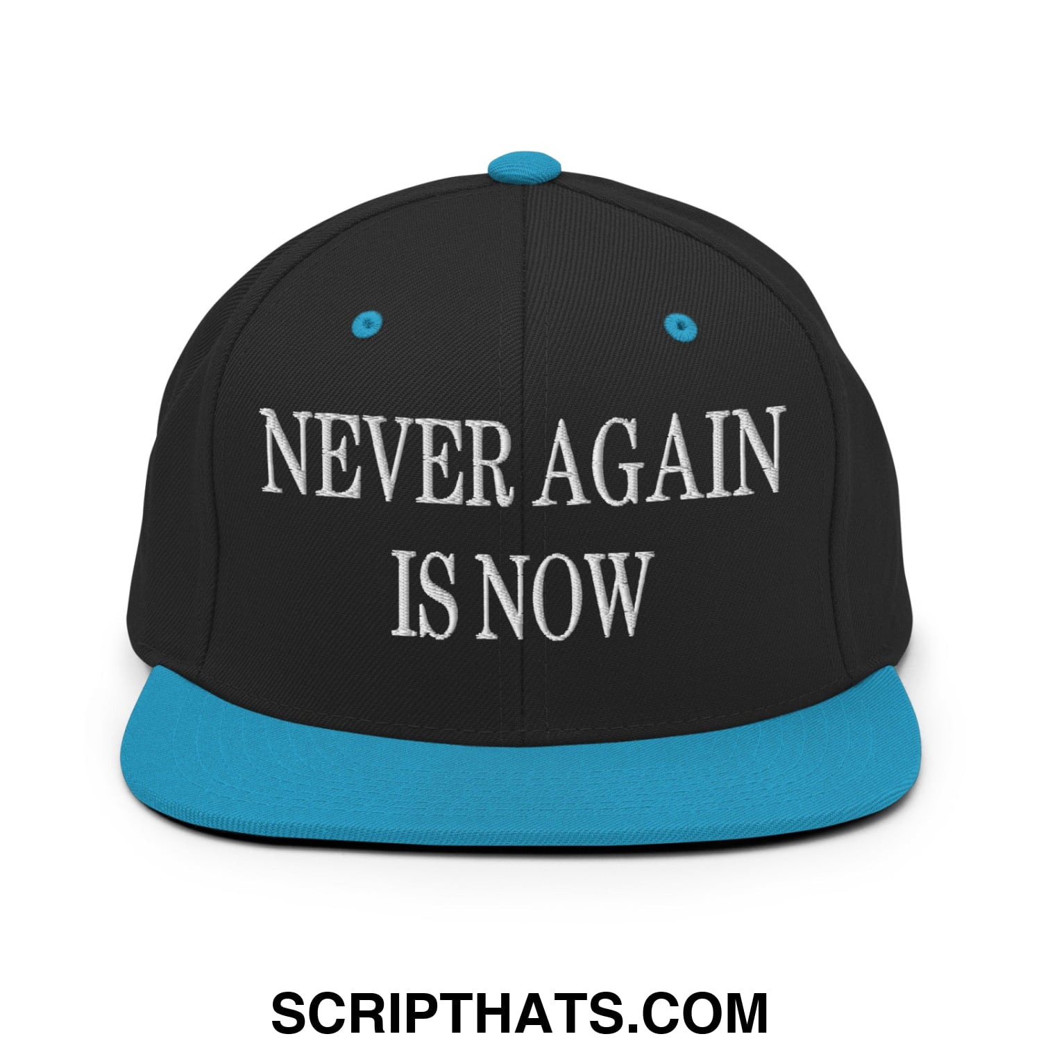 Black snapback cap with bright blue brim and button featuring white embroidered text never again is now