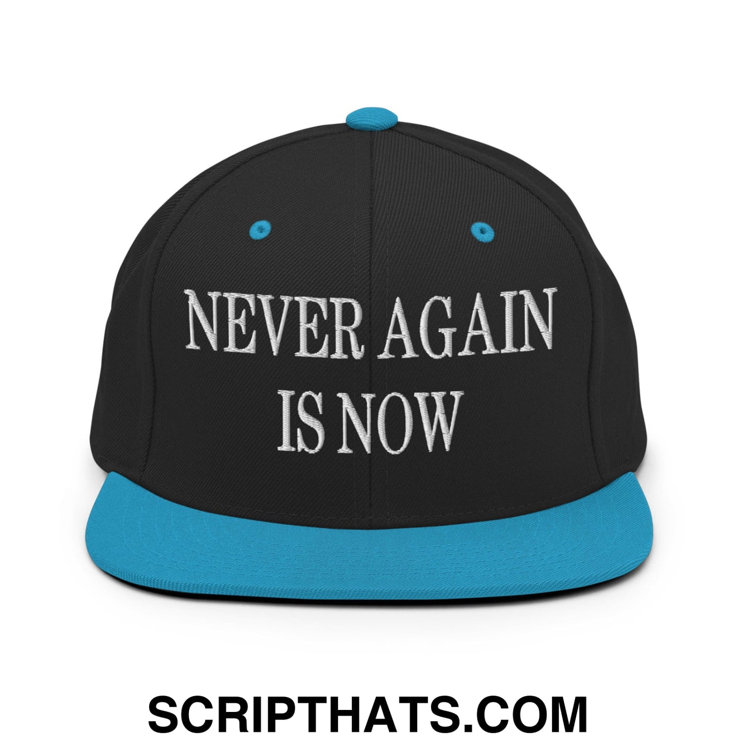 Never Again is Now Embroidered Flat Bill Brim Snapback Hat Black Teal