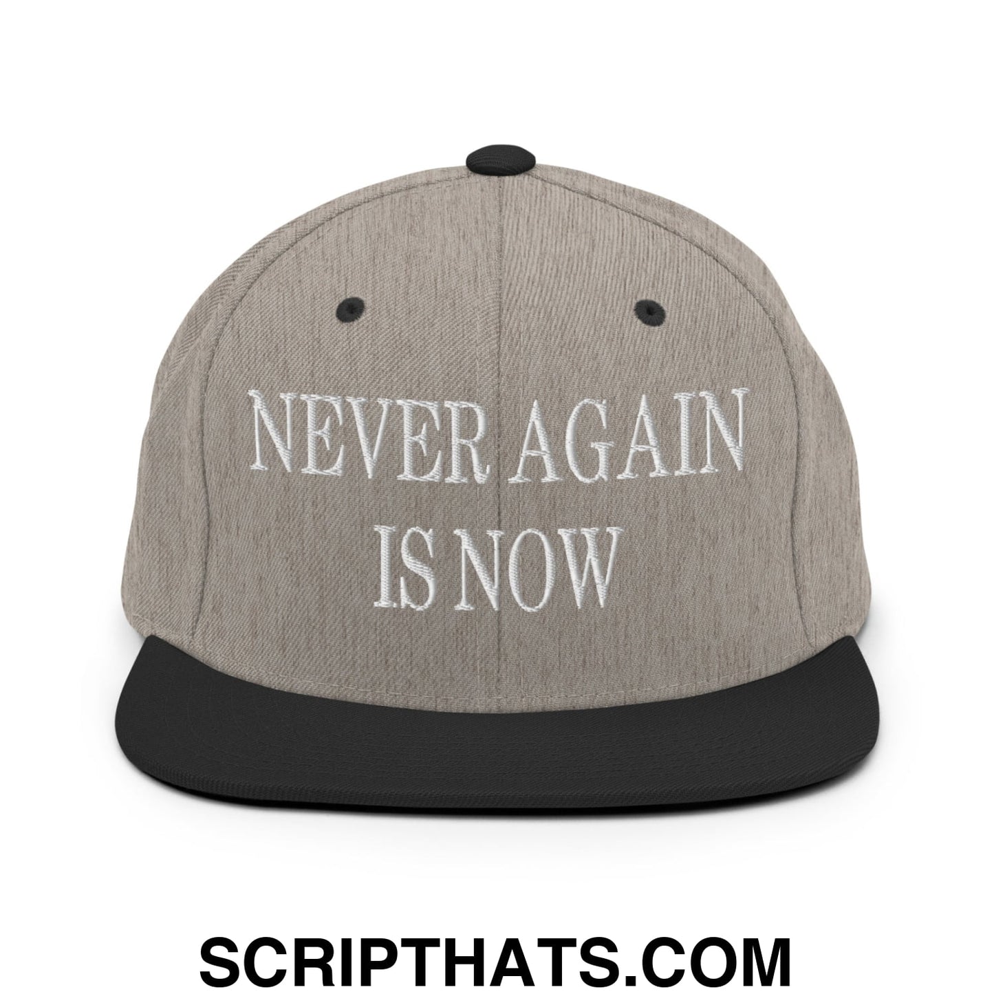 Never Again is Now Embroidered Flat Bill Brim Snapback Hat Heather Black