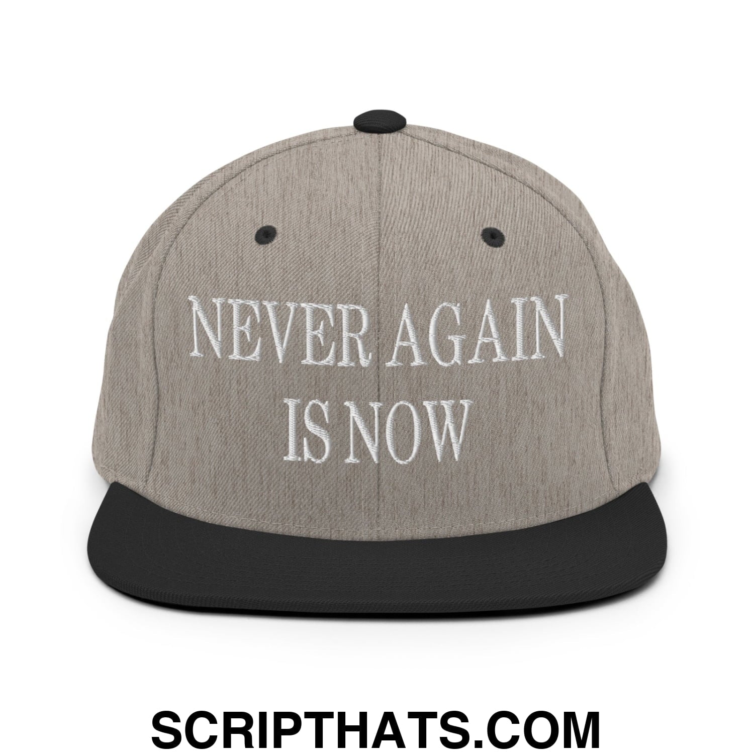 Never Again is Now Embroidered Flat Bill Brim Snapback Hat Heather Black