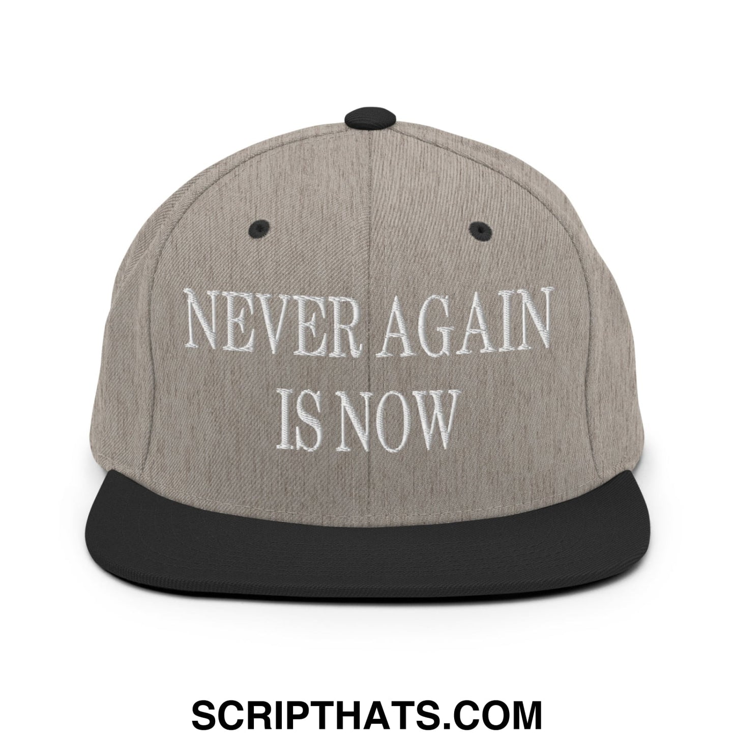 Gray snapback hat with black flat bill brim and white embroidered text never again is now for casual wear