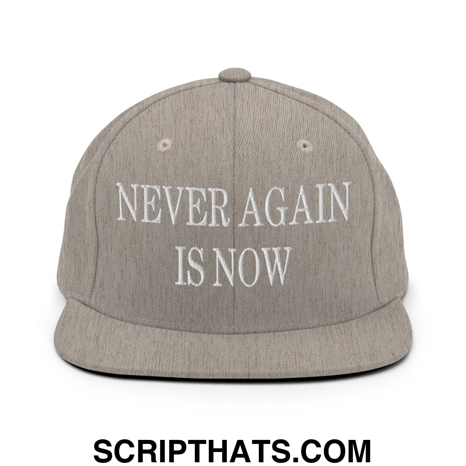 Never Again is Now Embroidered Flat Bill Brim Snapback Hat Heather Grey