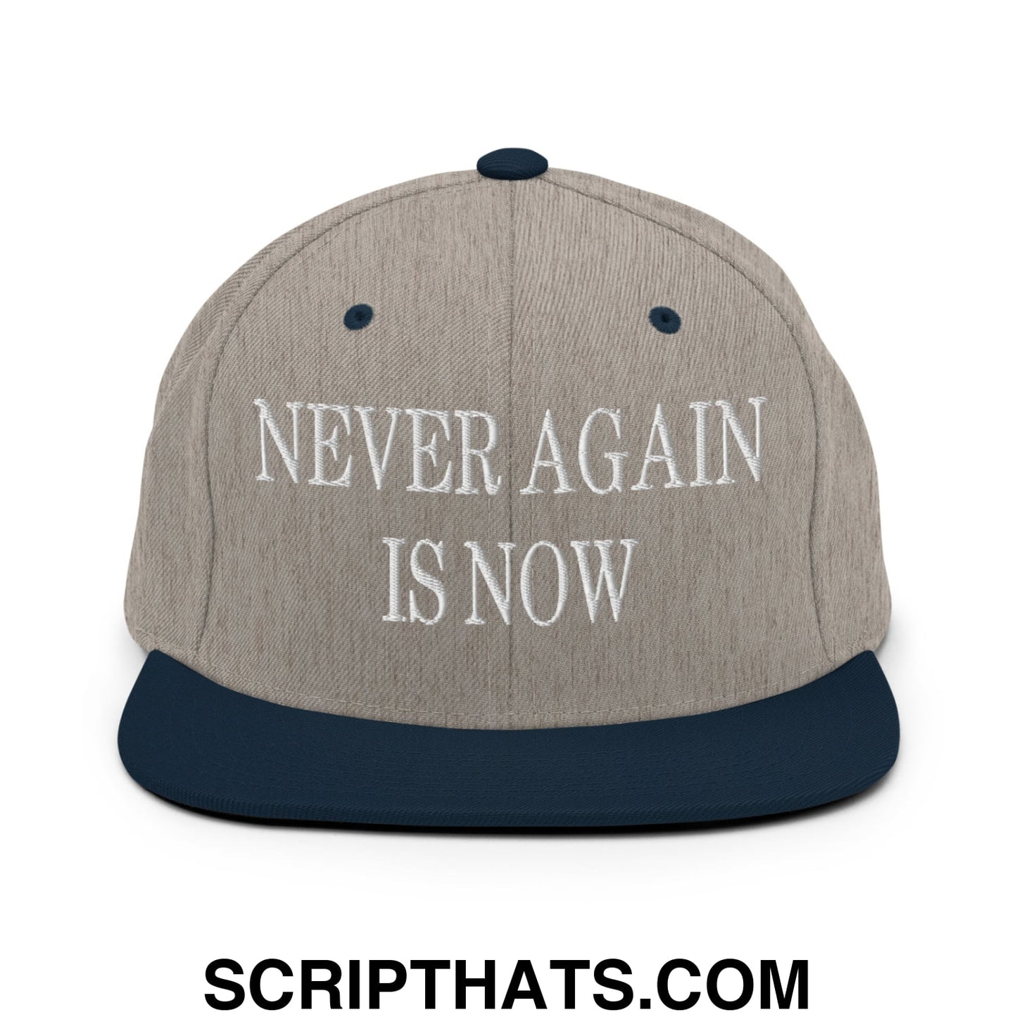 Never Again is Now Embroidered Flat Bill Brim Snapback Hat Heather Grey Navy