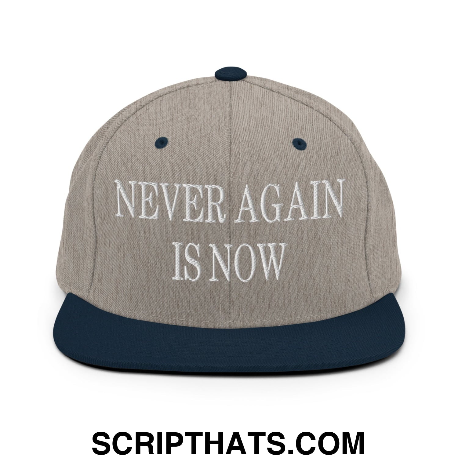 Never Again is Now Embroidered Flat Bill Brim Snapback Hat Heather Grey Navy