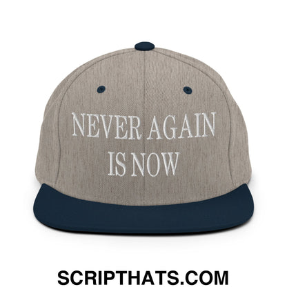 Never Again is Now Embroidered Flat Bill Brim Snapback Hat Heather Grey Navy