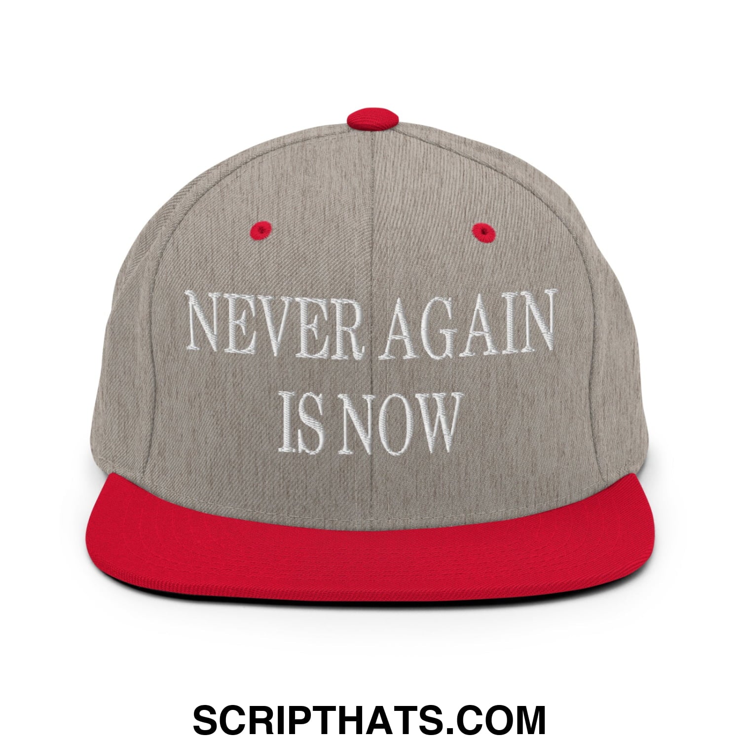 Gray and red snapback hat with white embroidered text never again is now and flat bill brim design
