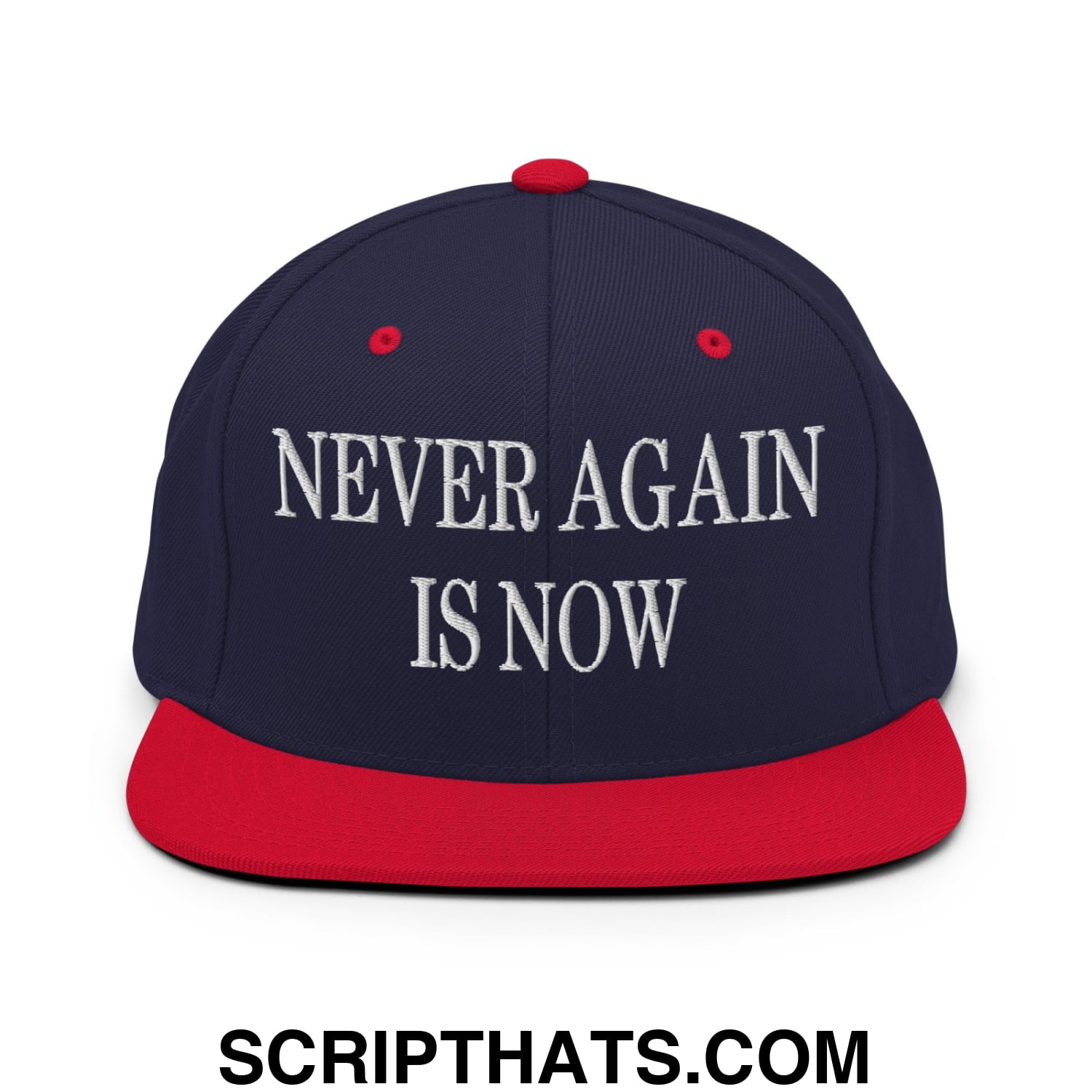 Never Again is Now Embroidered Flat Bill Brim Snapback Hat Navy Red
