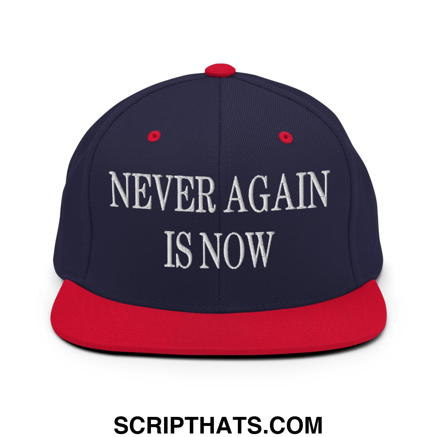 Navy blue and red snapback hat with white embroidered never again is now text and flat bill brim design