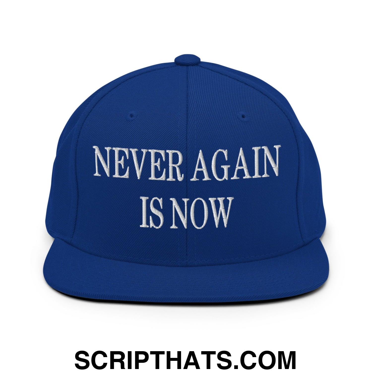 Never Again is Now Embroidered Flat Bill Brim Snapback Hat Royal Blue