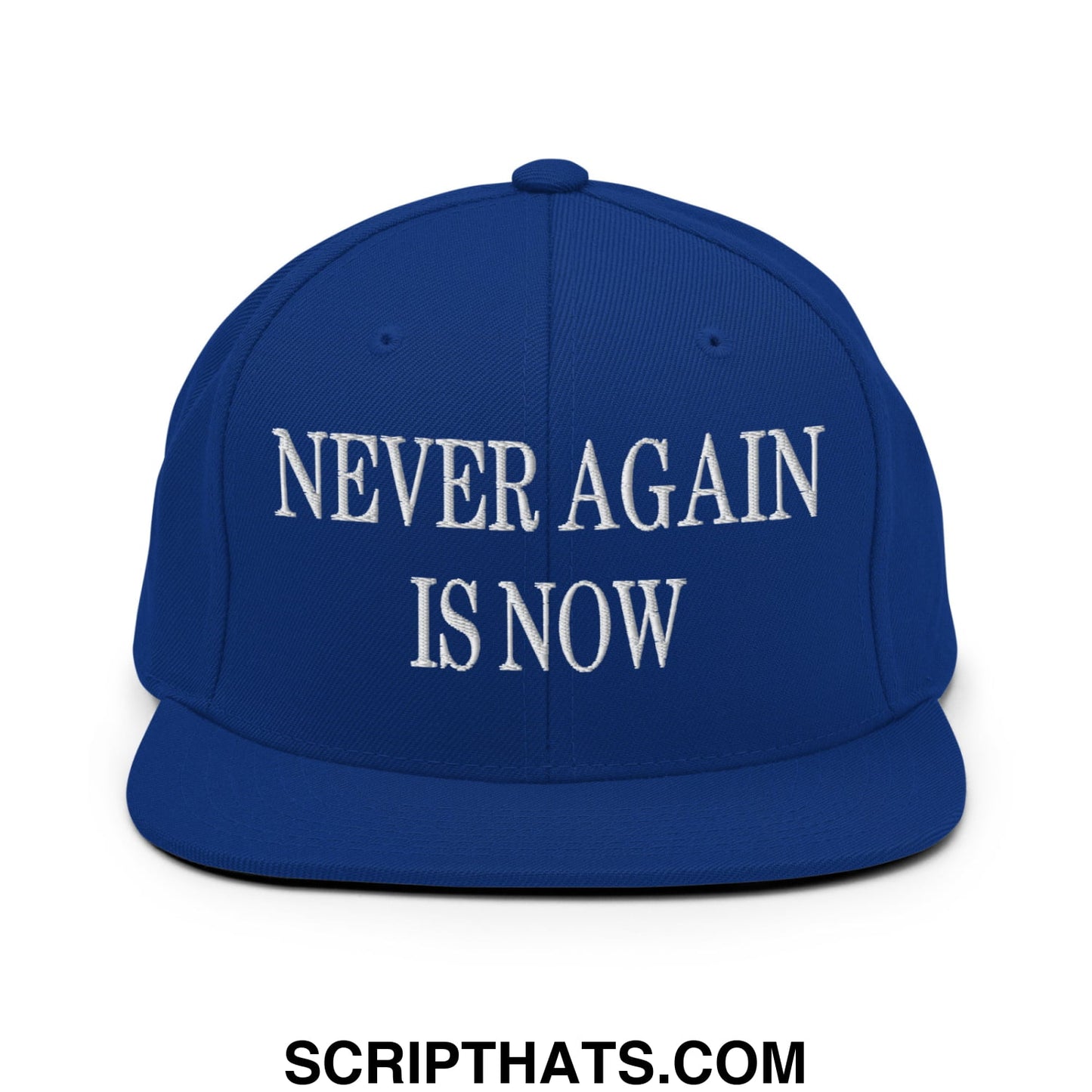 Royal blue snapback cap with white embroidered never again is now text and flat bill brim design