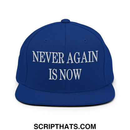 Royal blue snapback cap with white embroidered never again is now text and flat bill brim design