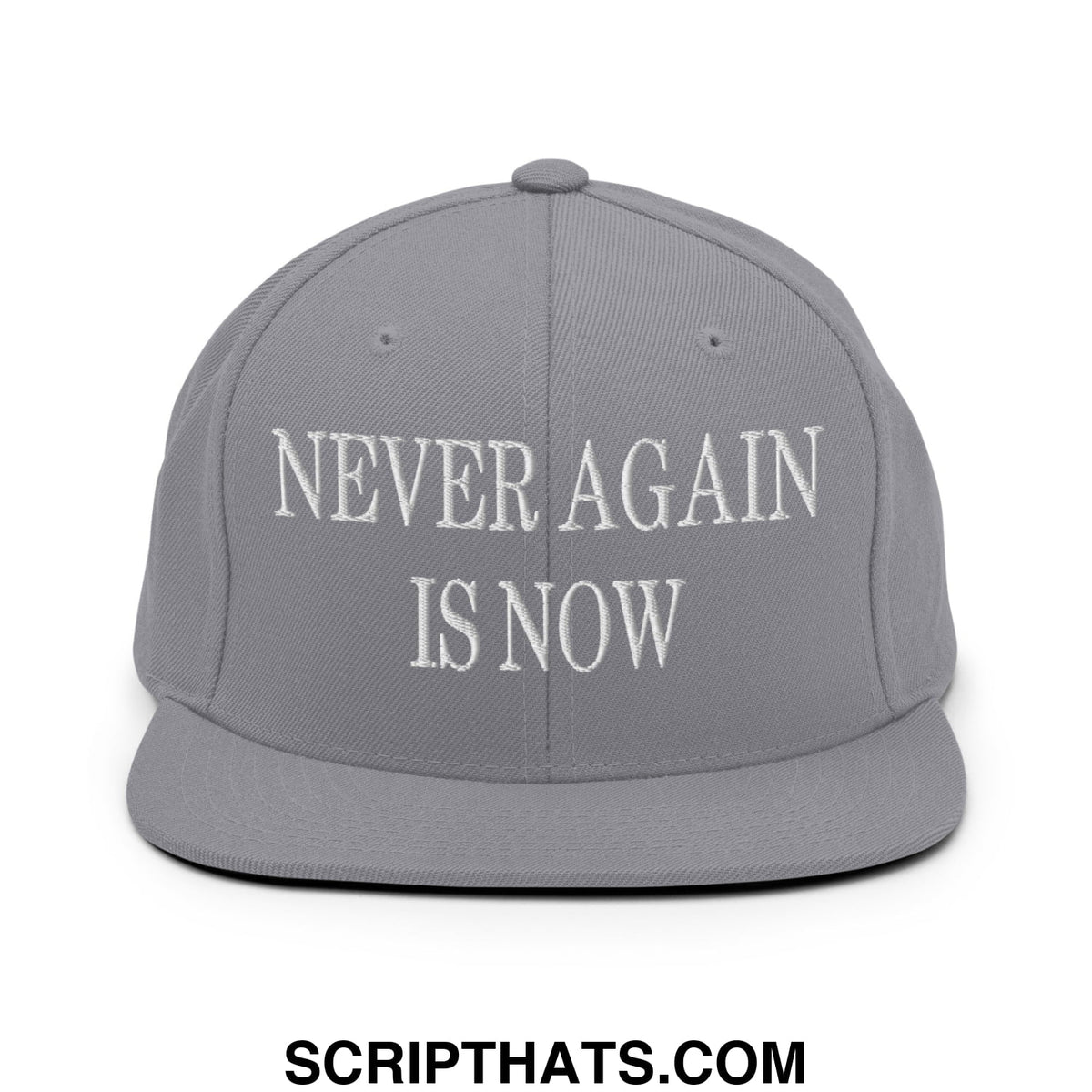 Gray snapback hat with white embroidered never again is now text and a flat bill brim for casual wear